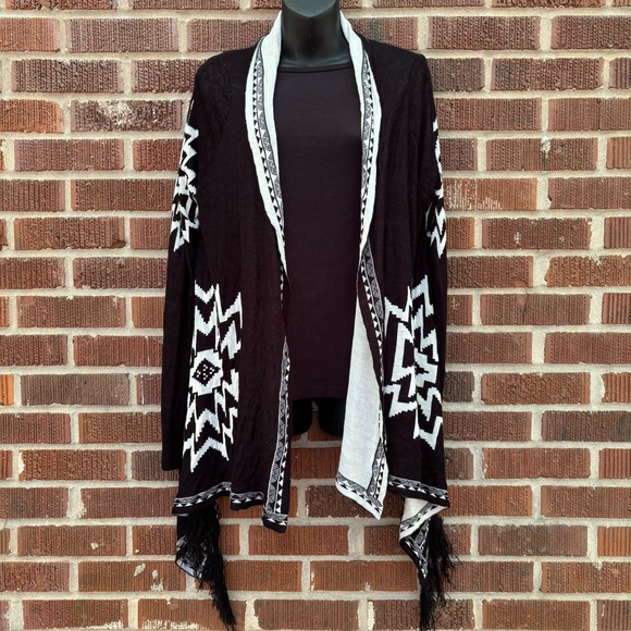 My Michelle Aztec Design Fringe Open Front Lightweight Cardigan Sweater Sz XL - Picture 1 of 7